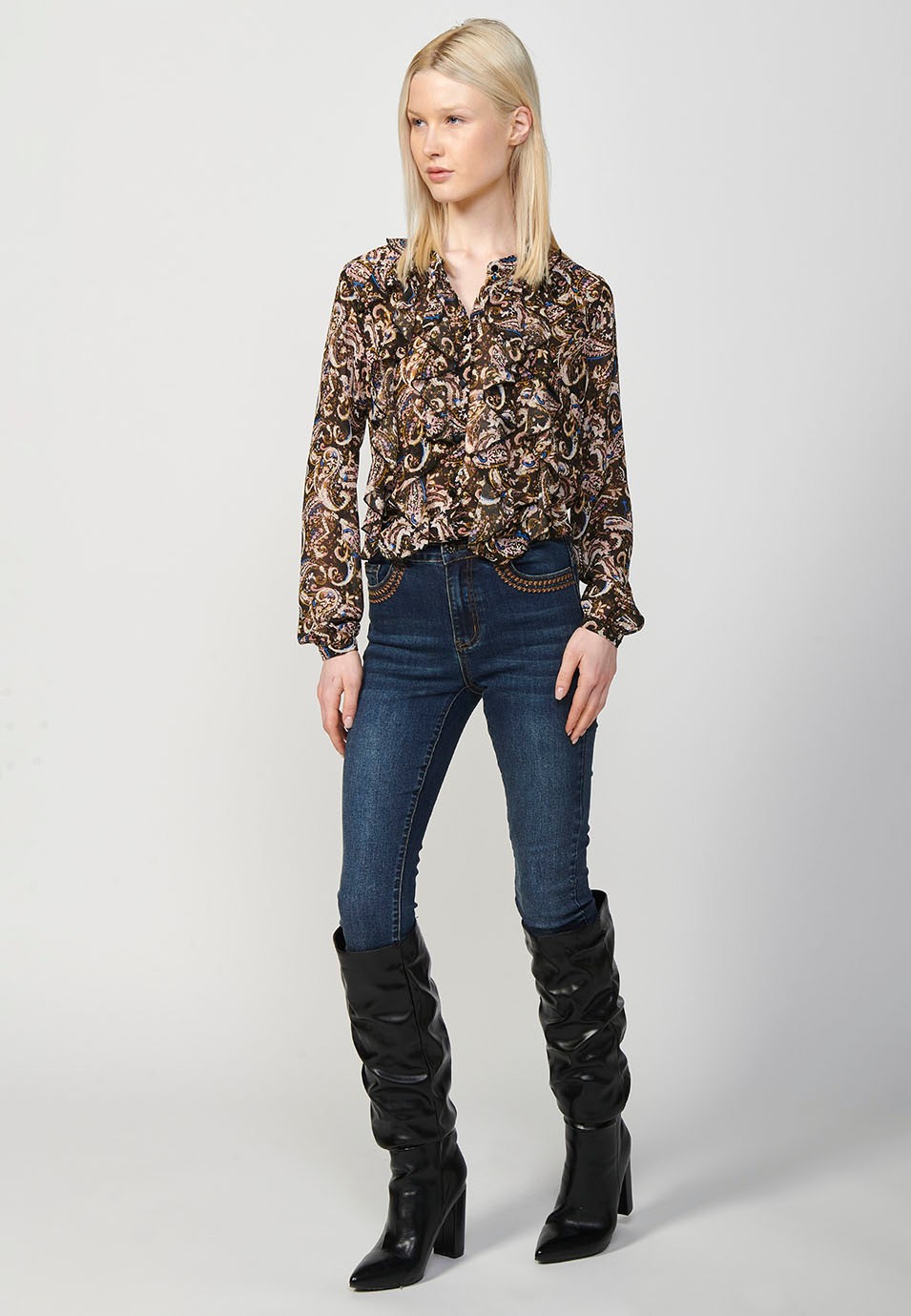 Women's Chiffon Blouse with Ruffles and Plumeti Print