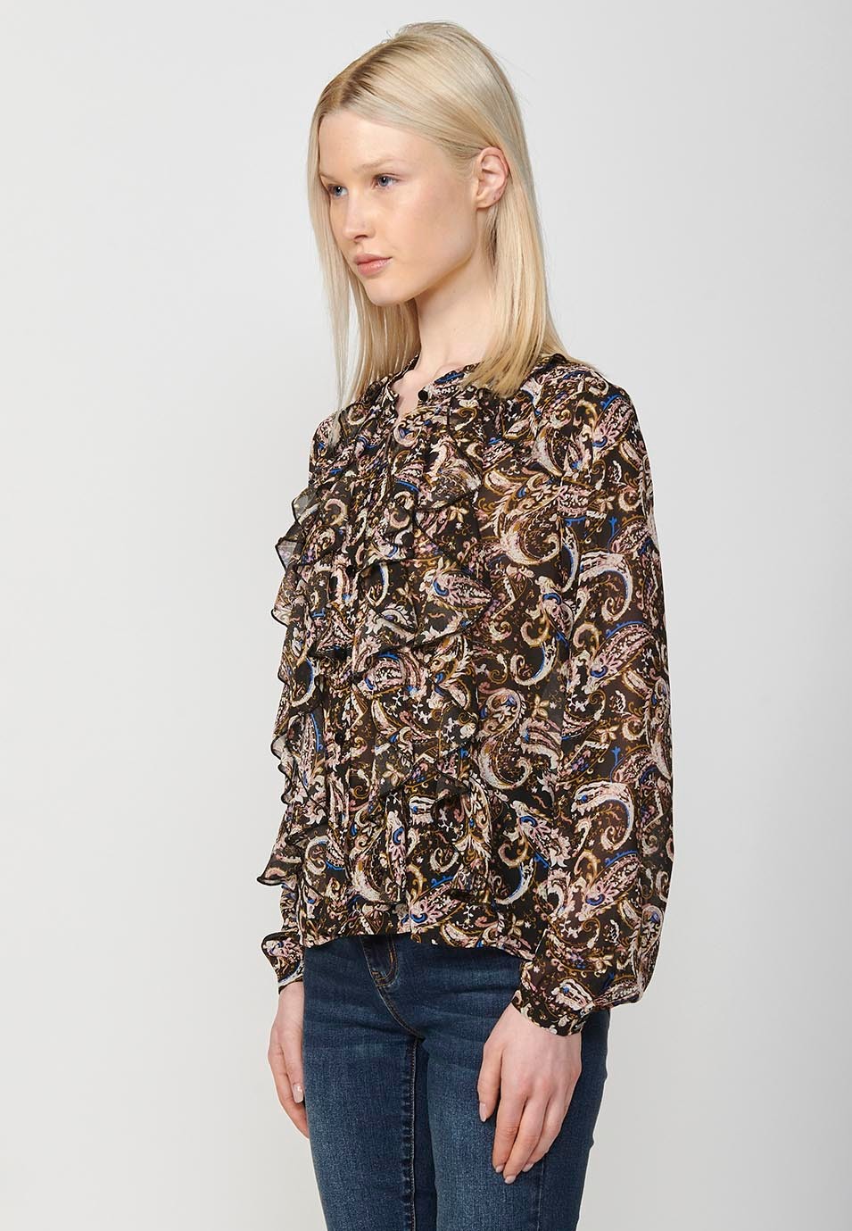 Women's Chiffon Blouse with Ruffles and Plumeti Print