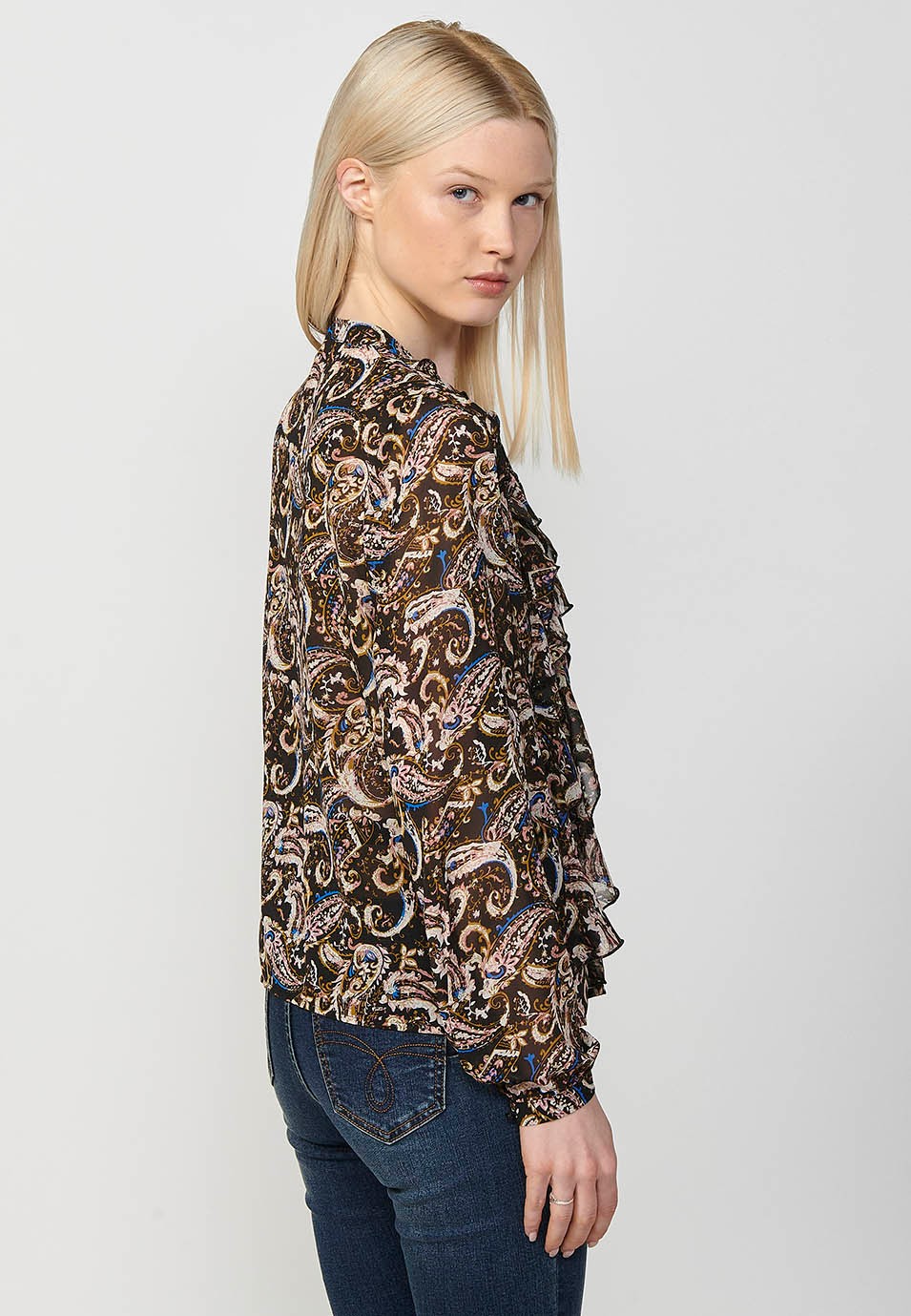 Women's Chiffon Blouse with Ruffles and Plumeti Print