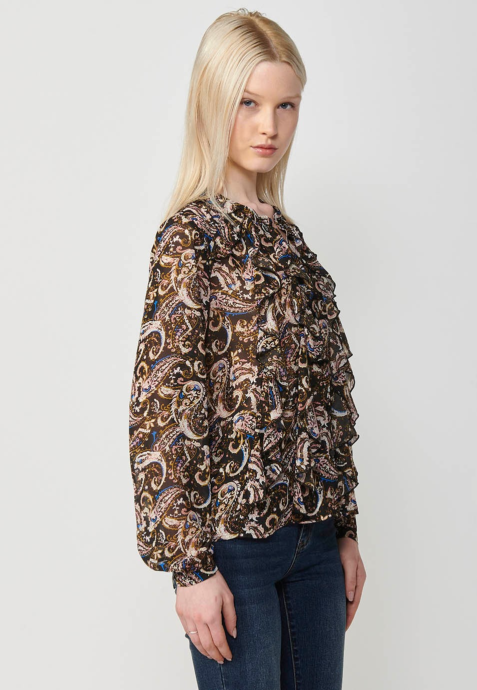 Women's Chiffon Blouse with Ruffles and Plumeti Print