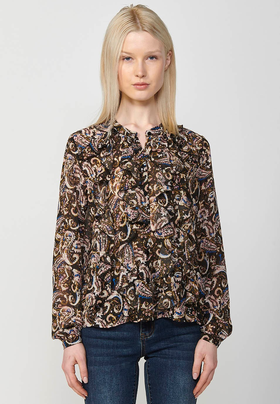 Women's Chiffon Blouse with Ruffles and Plumeti Print