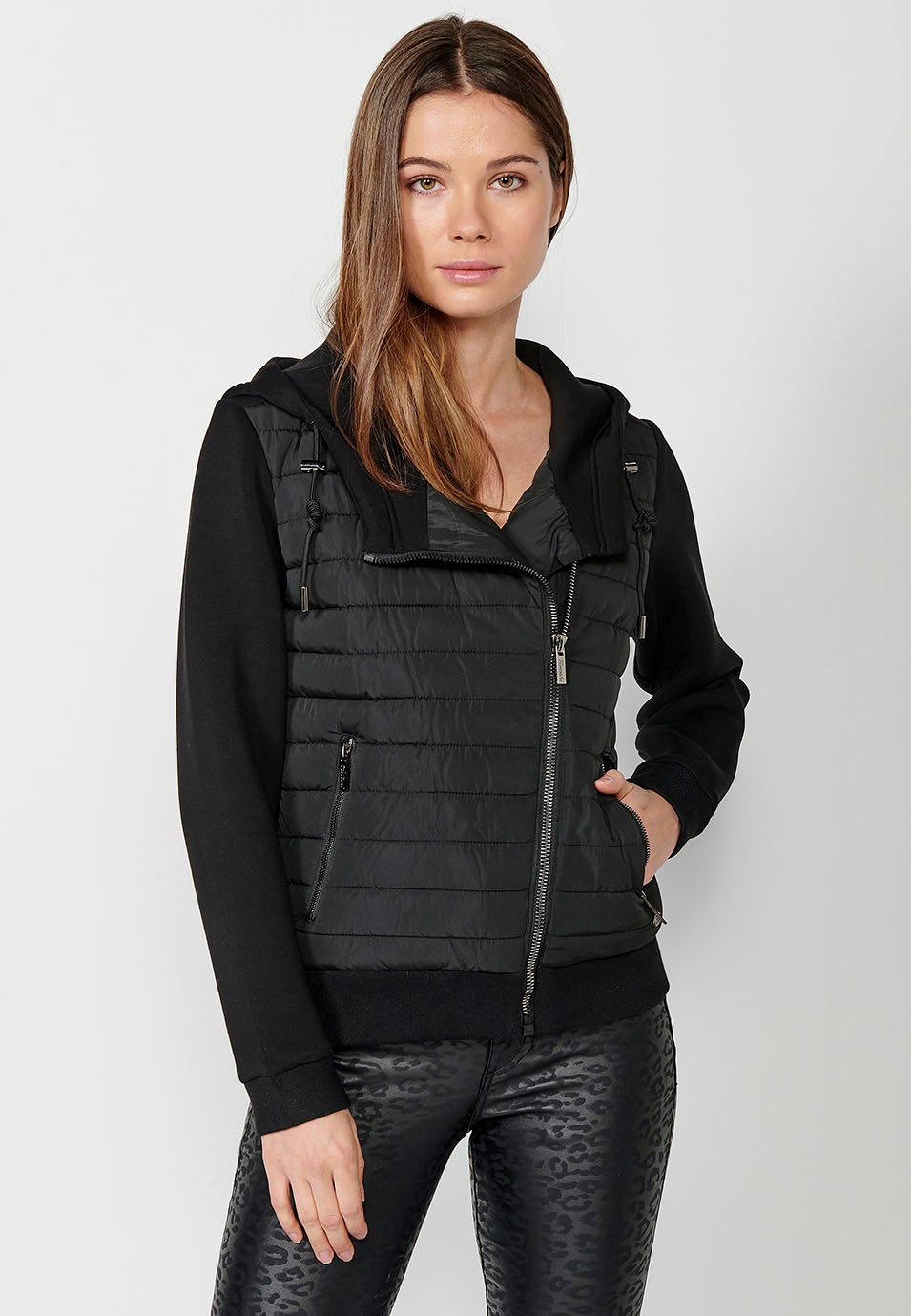 Short padded front and sleeves knitted jacket with black hood for women