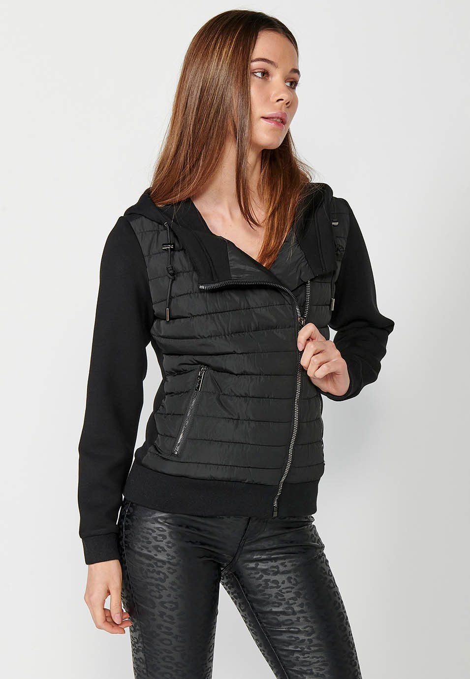 Short padded front and sleeves knitted jacket with black hood for women