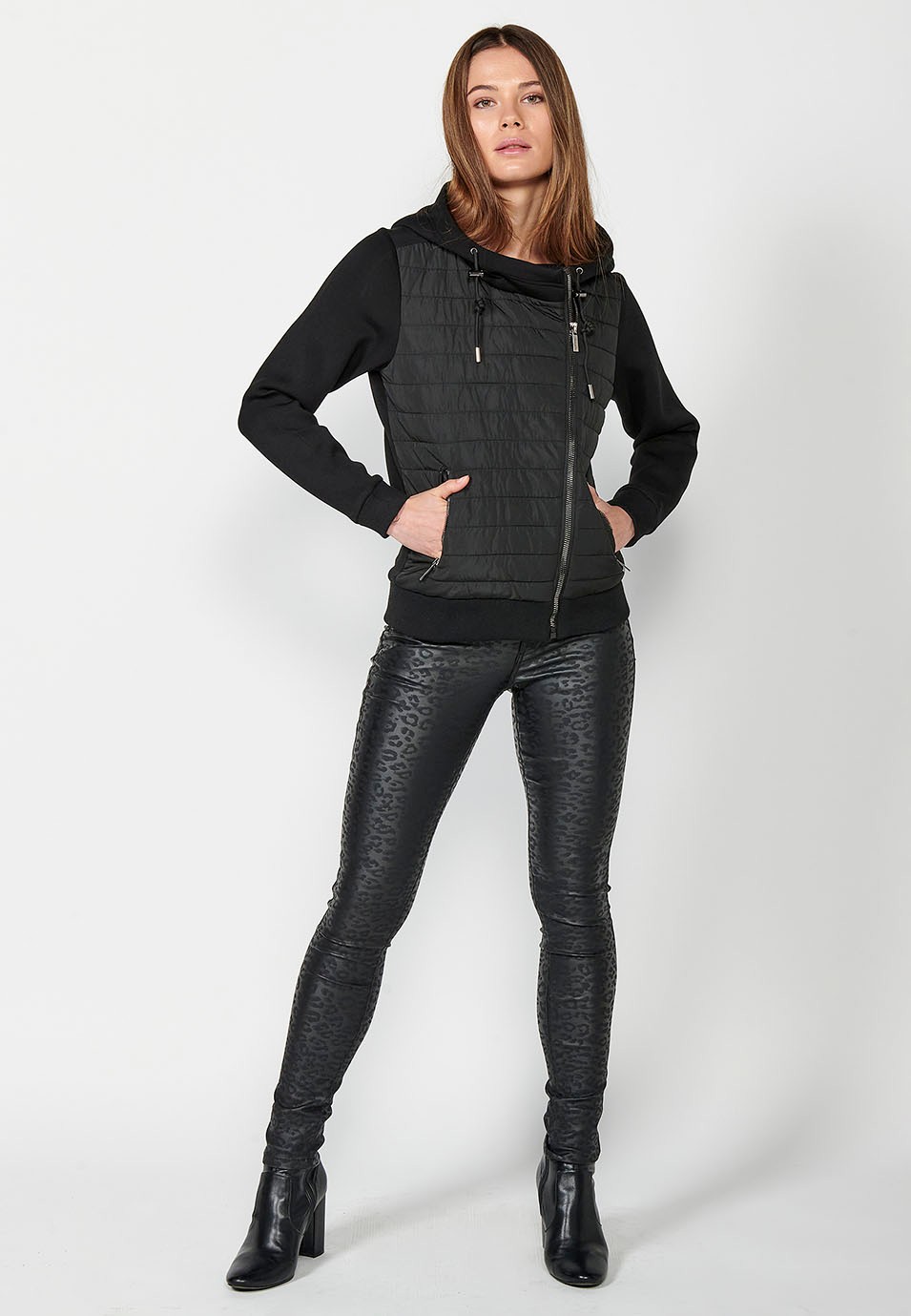 Short padded front and sleeves knitted jacket with black hood for women