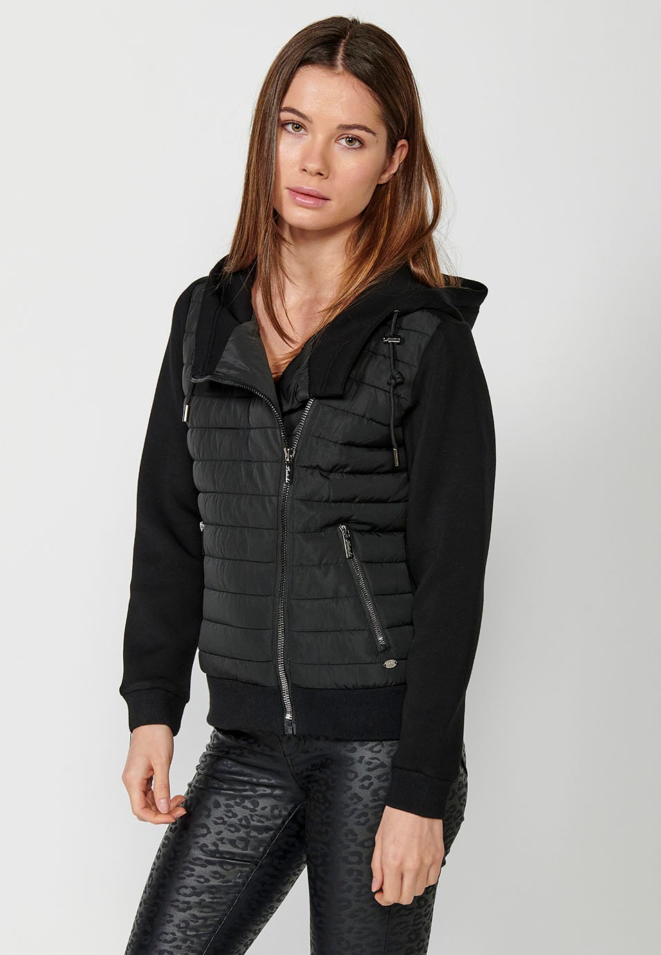 Short padded front and sleeves knitted jacket with black hood for women