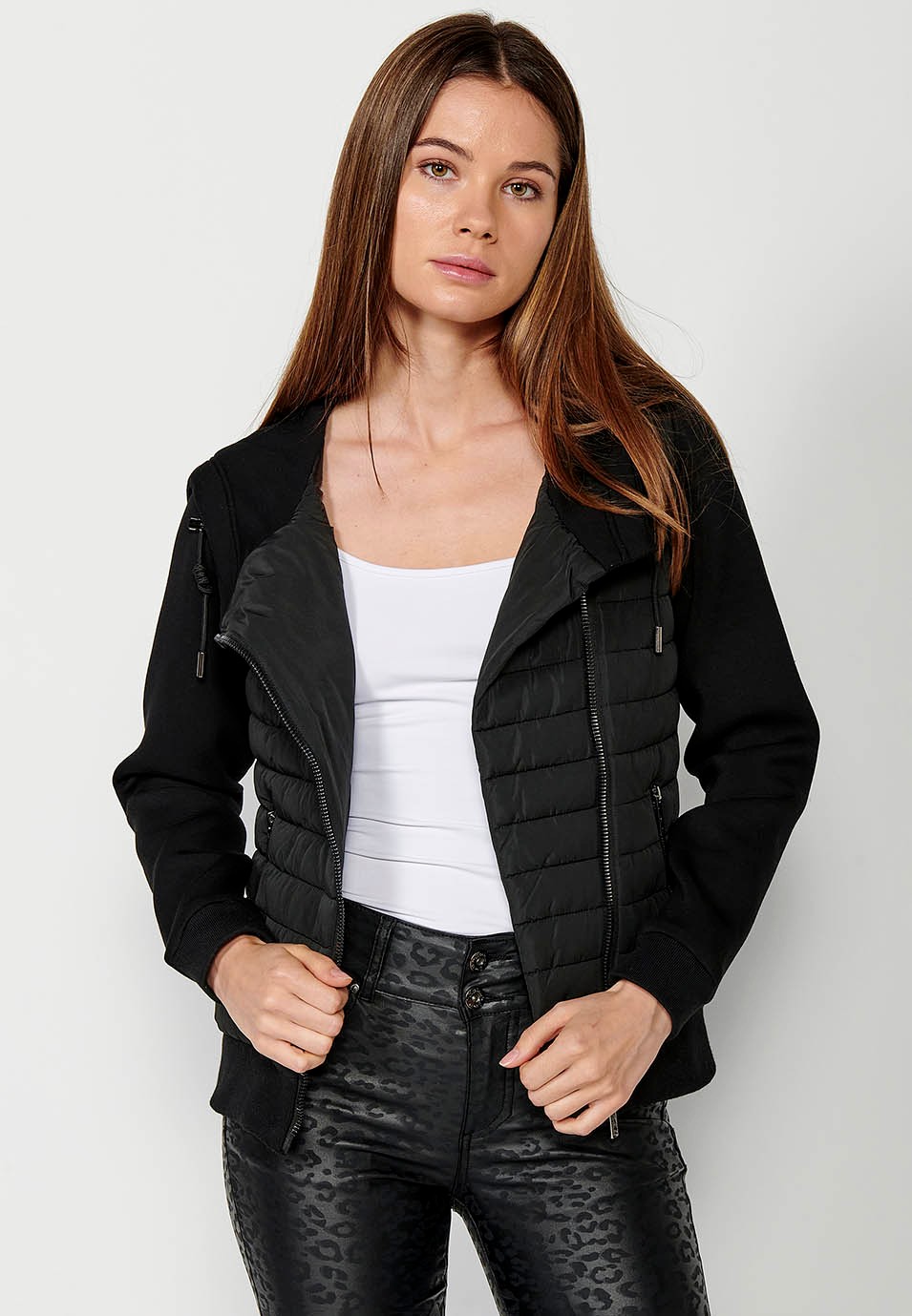 Short padded front and sleeves knitted jacket with black hood for women