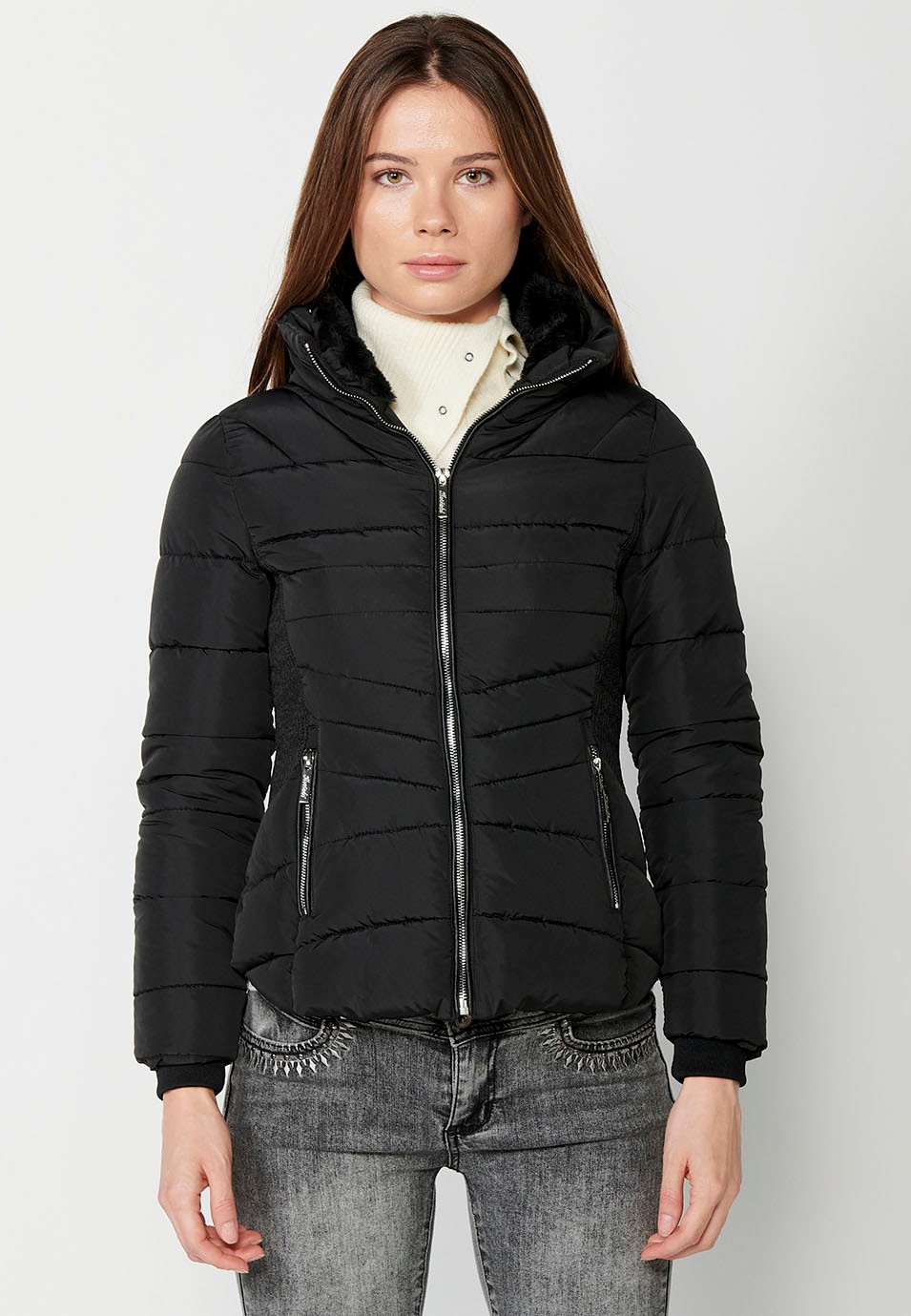 Women's Black Short Padded Parka with Stand Collar and Zipper Front Closure with Pockets