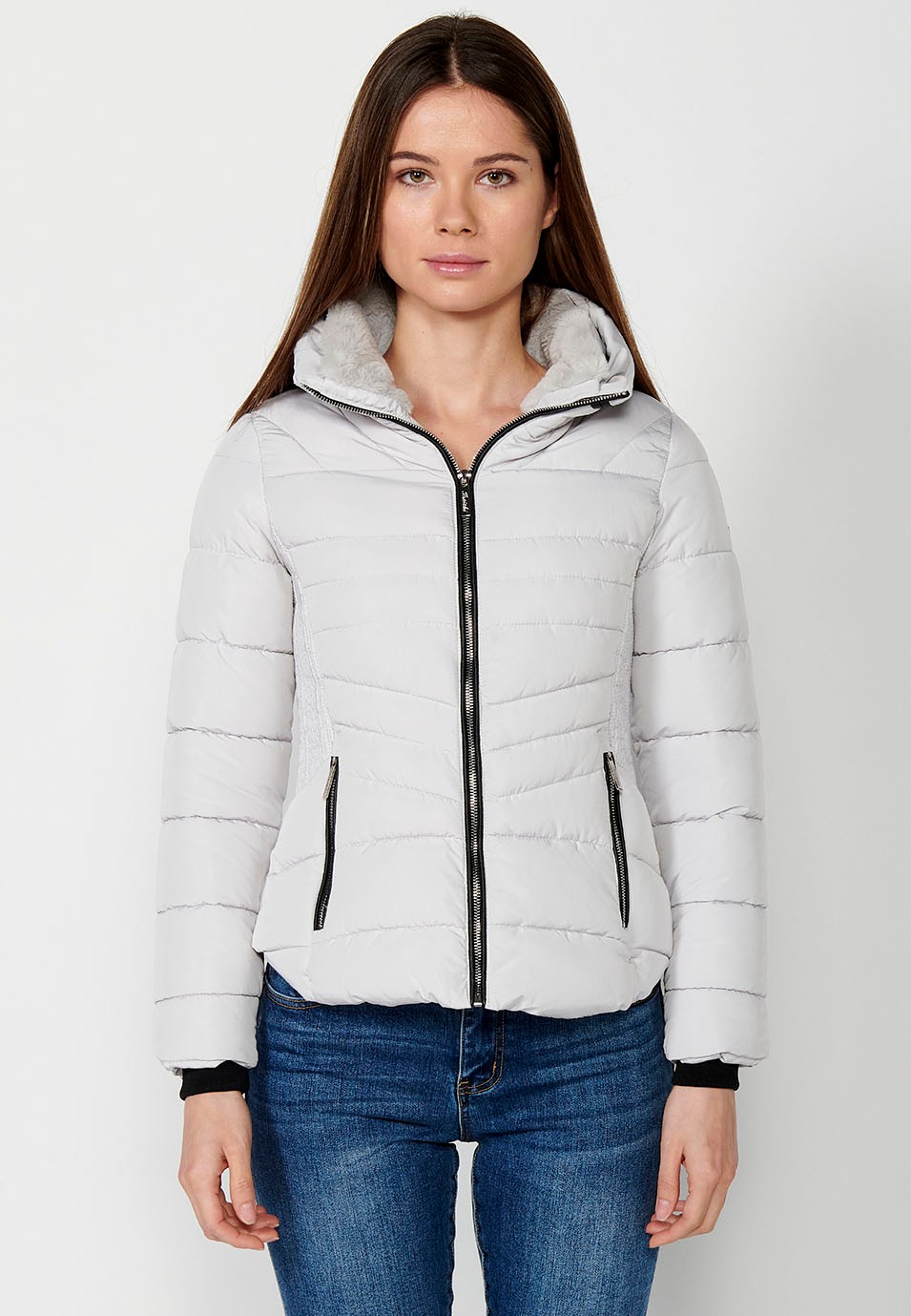 Short Padded Parka Coat with High Neck with Front Zipper Closure and Gray Pockets for Women