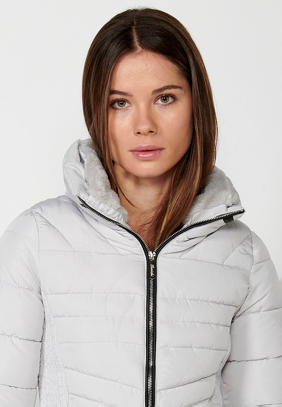 Short Padded Parka Coat with High Neck with Front Zipper Closure and Gray Pockets for Women 6