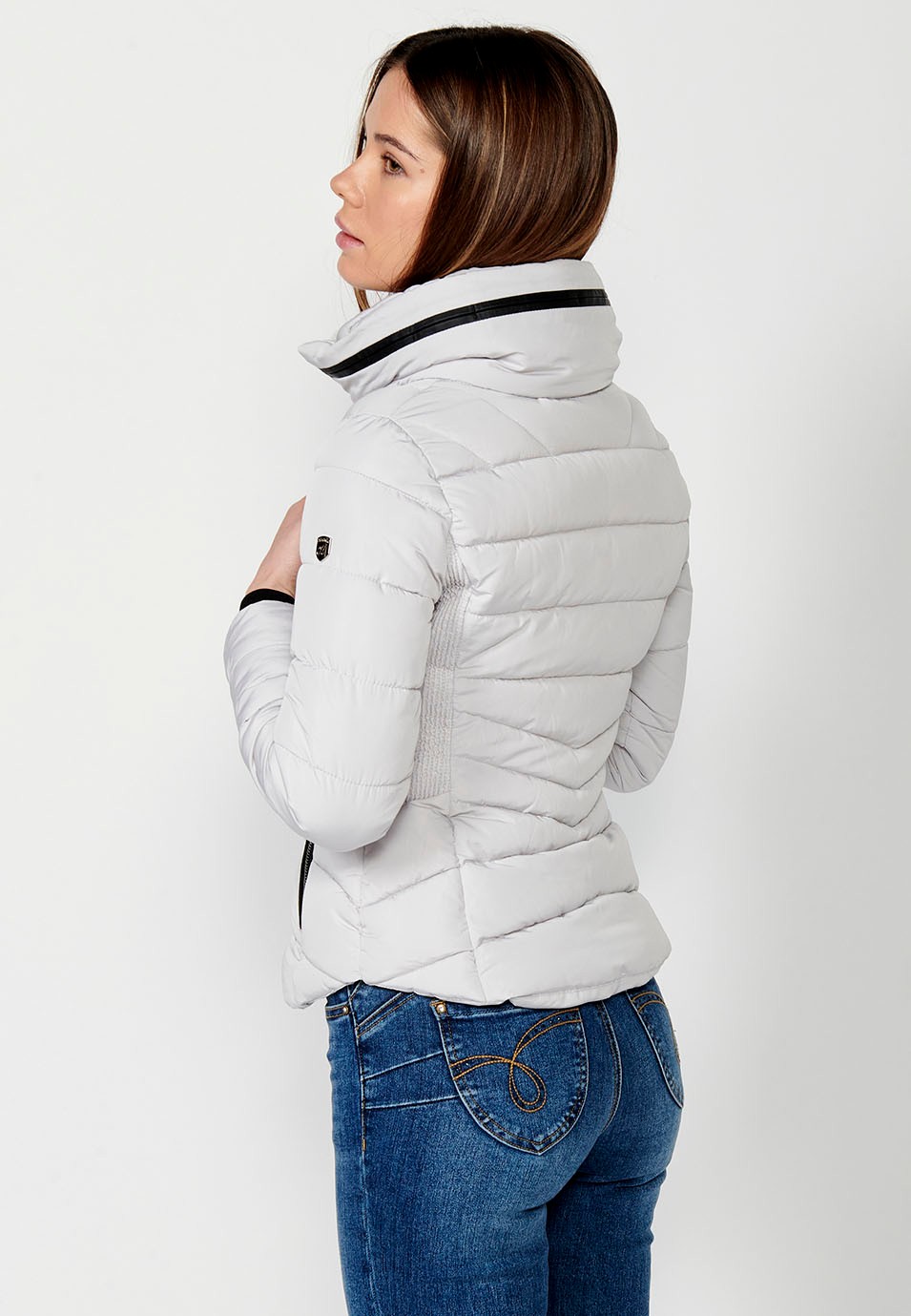 Short Padded Parka Coat with High Neck with Front Zipper Closure and Gray Pockets for Women 7