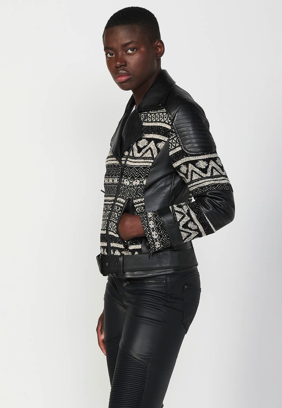 Black Perfecto Style Jacket Combination of Jacquard Fabric and Faux Leather for Women