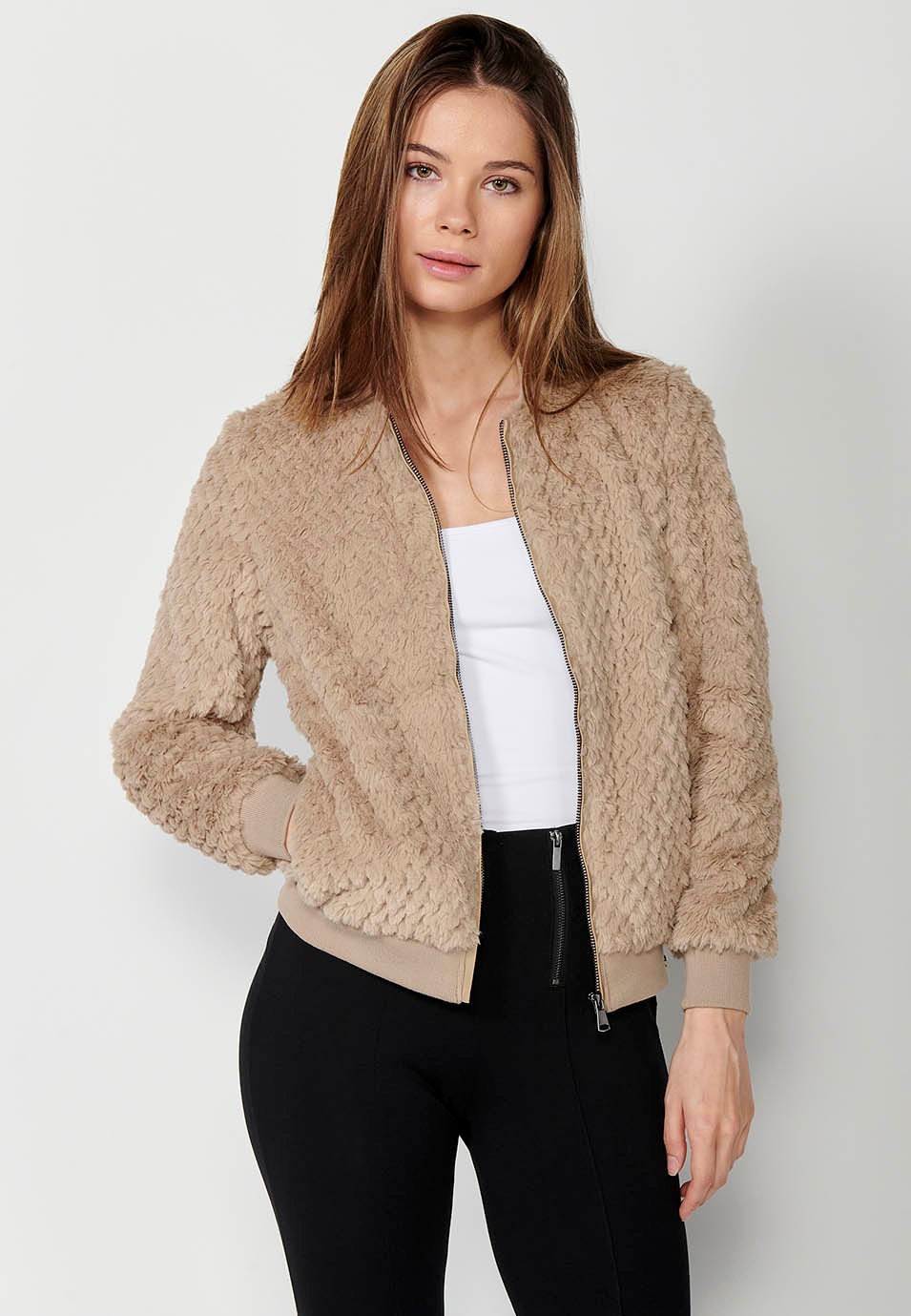 Short knitted mink effect fur jacket with beige ribbed collar and hem cuffs for Women