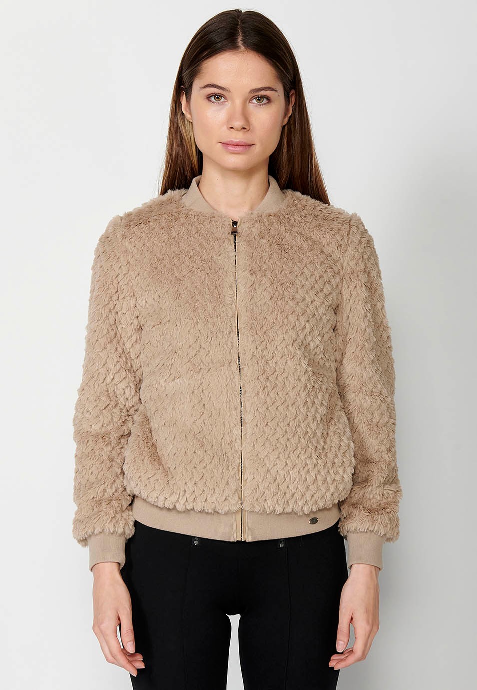 Short knitted mink effect fur jacket with beige ribbed collar and hem cuffs for Women