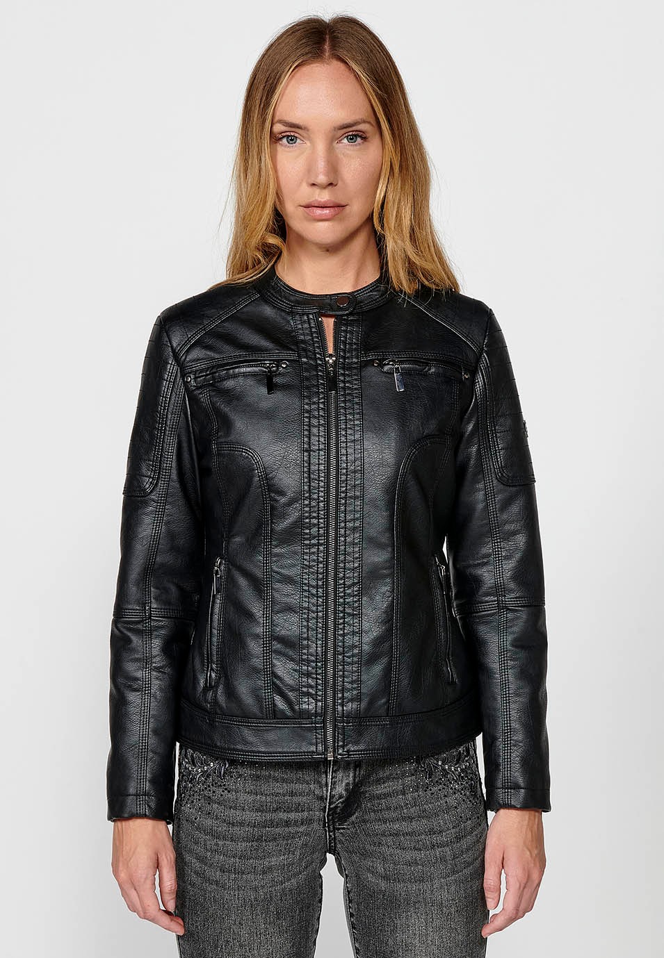 Schwarze Kunstlederjacke im Biker-Stil mit Kunstfellfutter für Damen 1