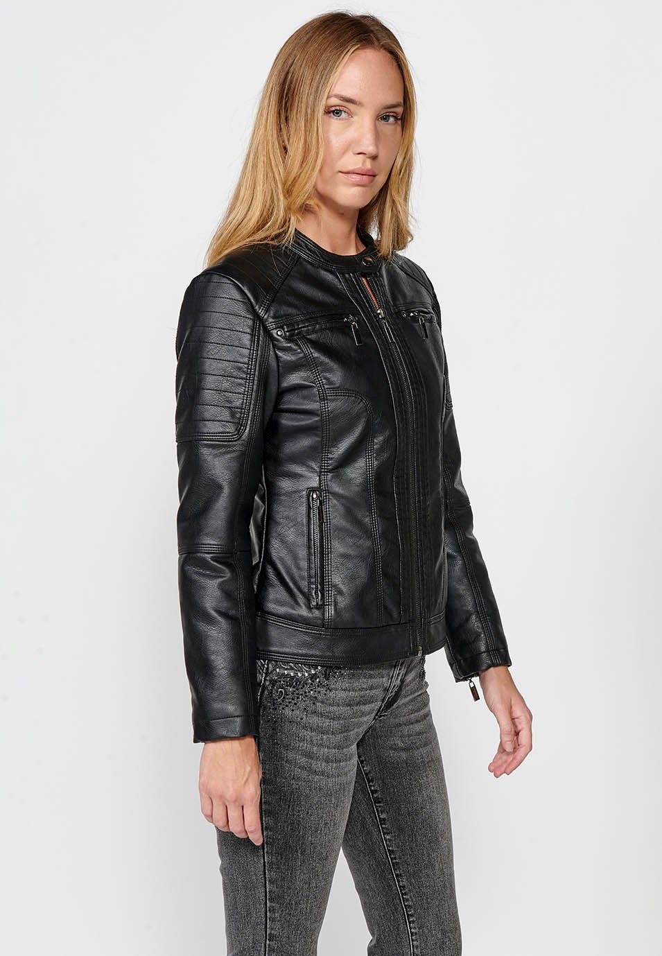 Women's Faux Fur Lined Biker Style Jacket in Black 2