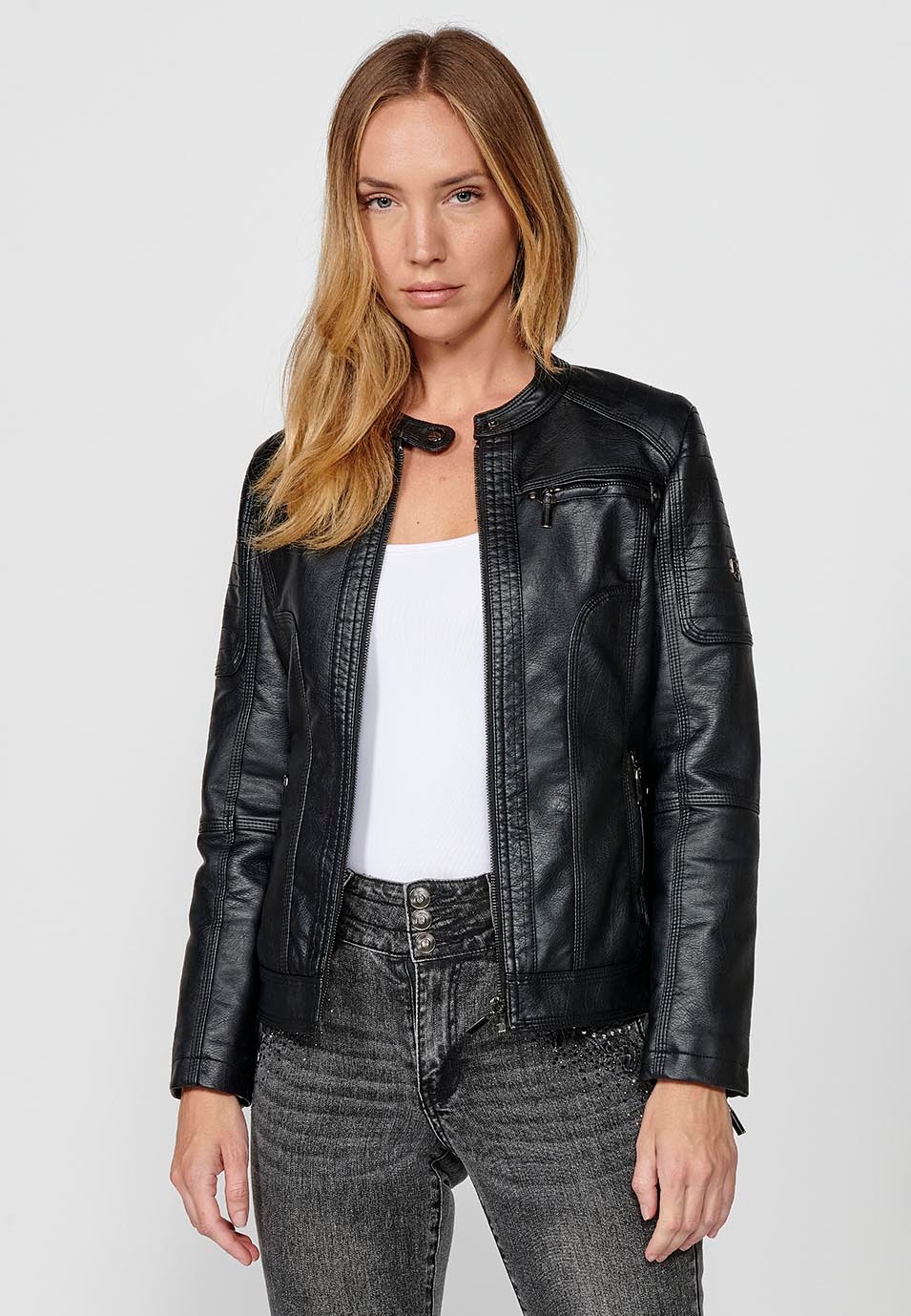 Chaqueta Cazadora estilo motero color Negro en polipiel forrada con pelo sintetico para Mujer 7