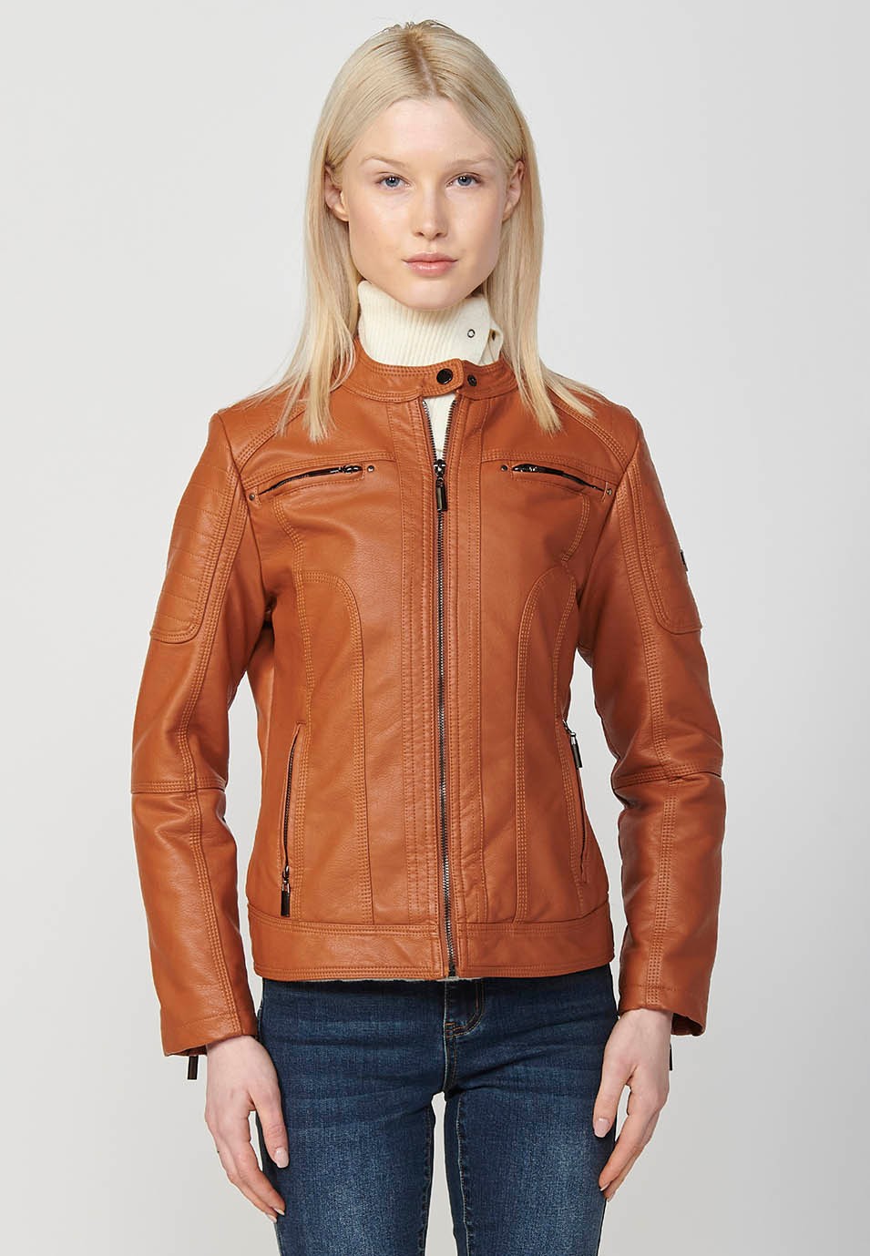 Chaqueta Cazadora estilo motero color camel en polipiel forrada con pelo sintetico para Mujer