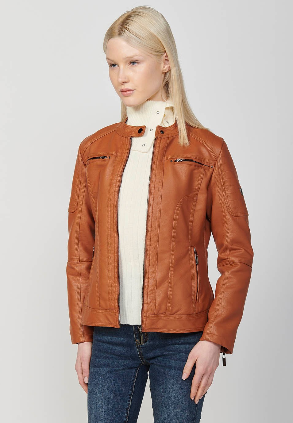 Chaqueta Cazadora estilo motero color camel en polipiel forrada con pelo sintetico para Mujer