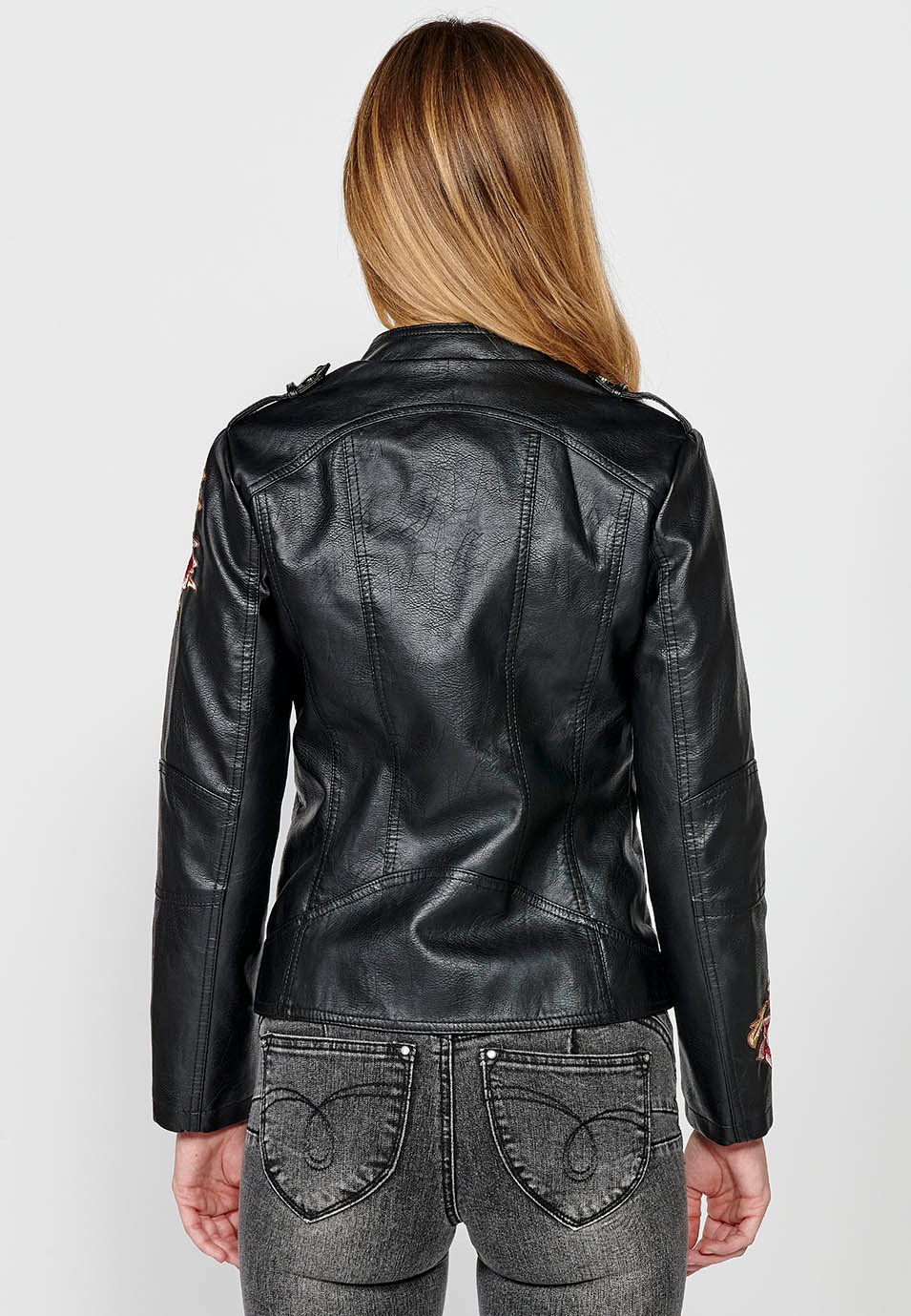 Faux leather jacket with embroidered floral details and front zip closure for women in black