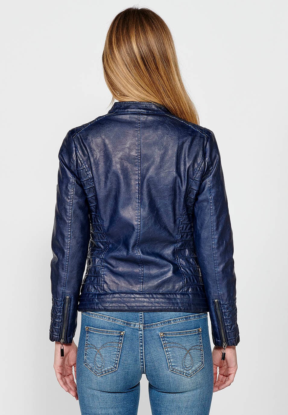 Blouson style motard bleu en simili cuir effet lavé doublé de fourrure synthétique pour Femme 5