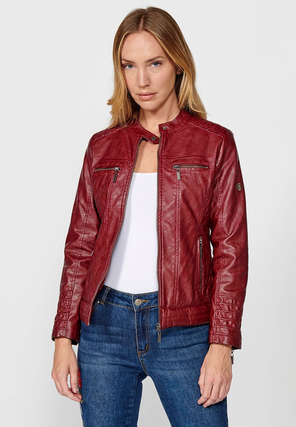 Women's Burgundy Biker Jacket in Washed Faux Leather Lined with Faux Fur 8