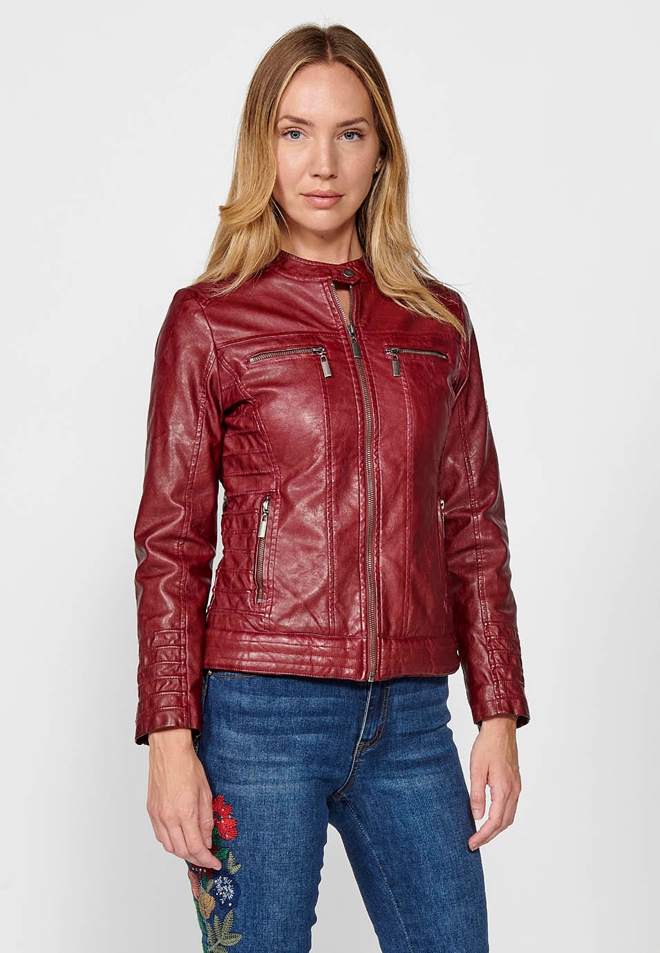 Women's Burgundy Biker Jacket in Washed Faux Leather Lined with Faux Fur