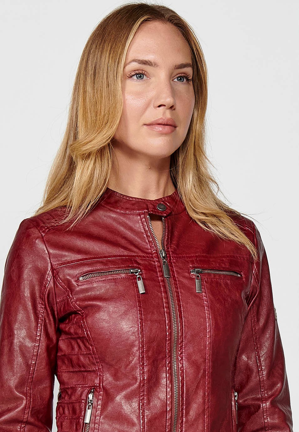 Women's Burgundy Biker Jacket in Washed Faux Leather Lined with Faux Fur 1