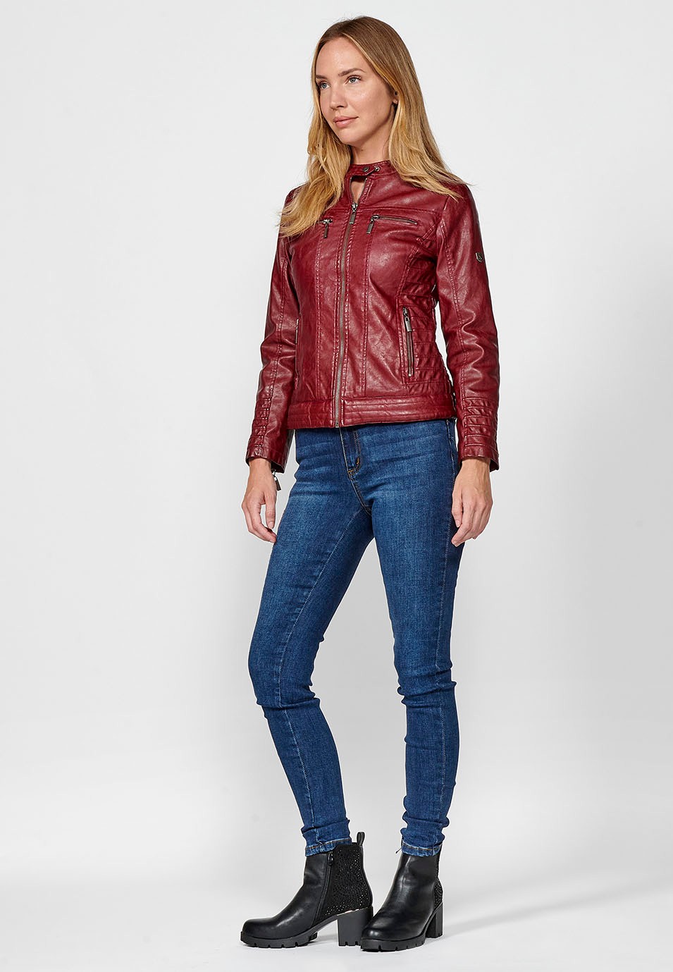 Women's Burgundy Biker Jacket in Washed Faux Leather Lined with Faux Fur 4