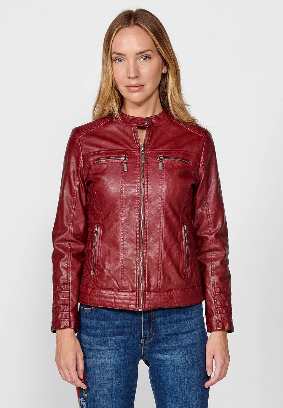 Women's Burgundy Biker Jacket in Washed Faux Leather Lined with Faux Fur 3