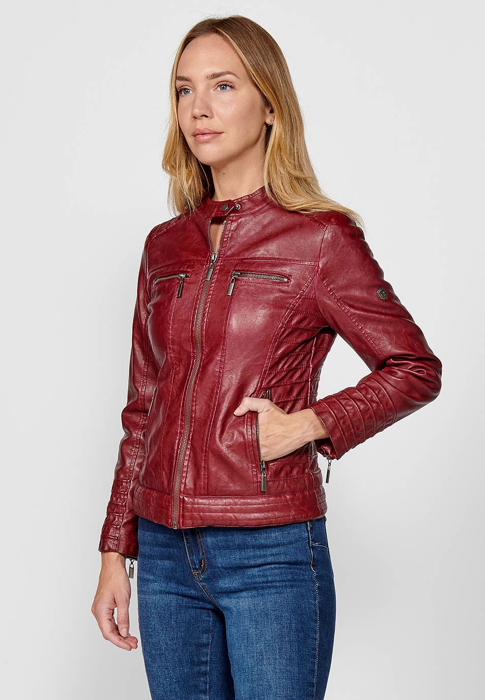 Women's Burgundy Biker Jacket in Washed Faux Leather Lined with Faux Fur 2