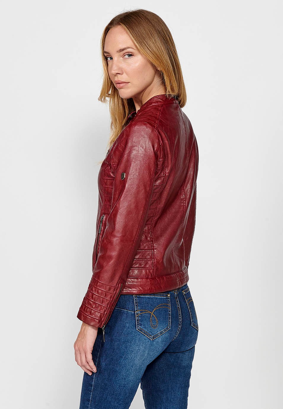 Women's Burgundy Biker Jacket in Washed Faux Leather Lined with Faux Fur 5