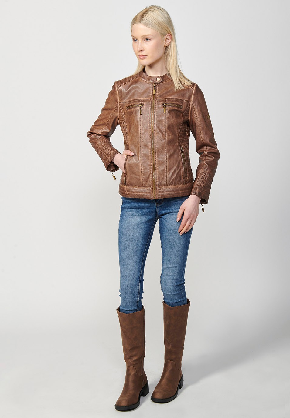 Brown Biker Jacket in Washed Faux Leather Lined with Faux Fur for Women