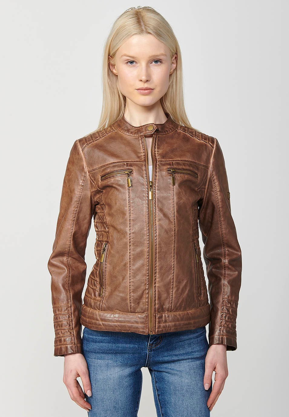 Brown Biker Jacket in Washed Faux Leather Lined with Faux Fur for Women