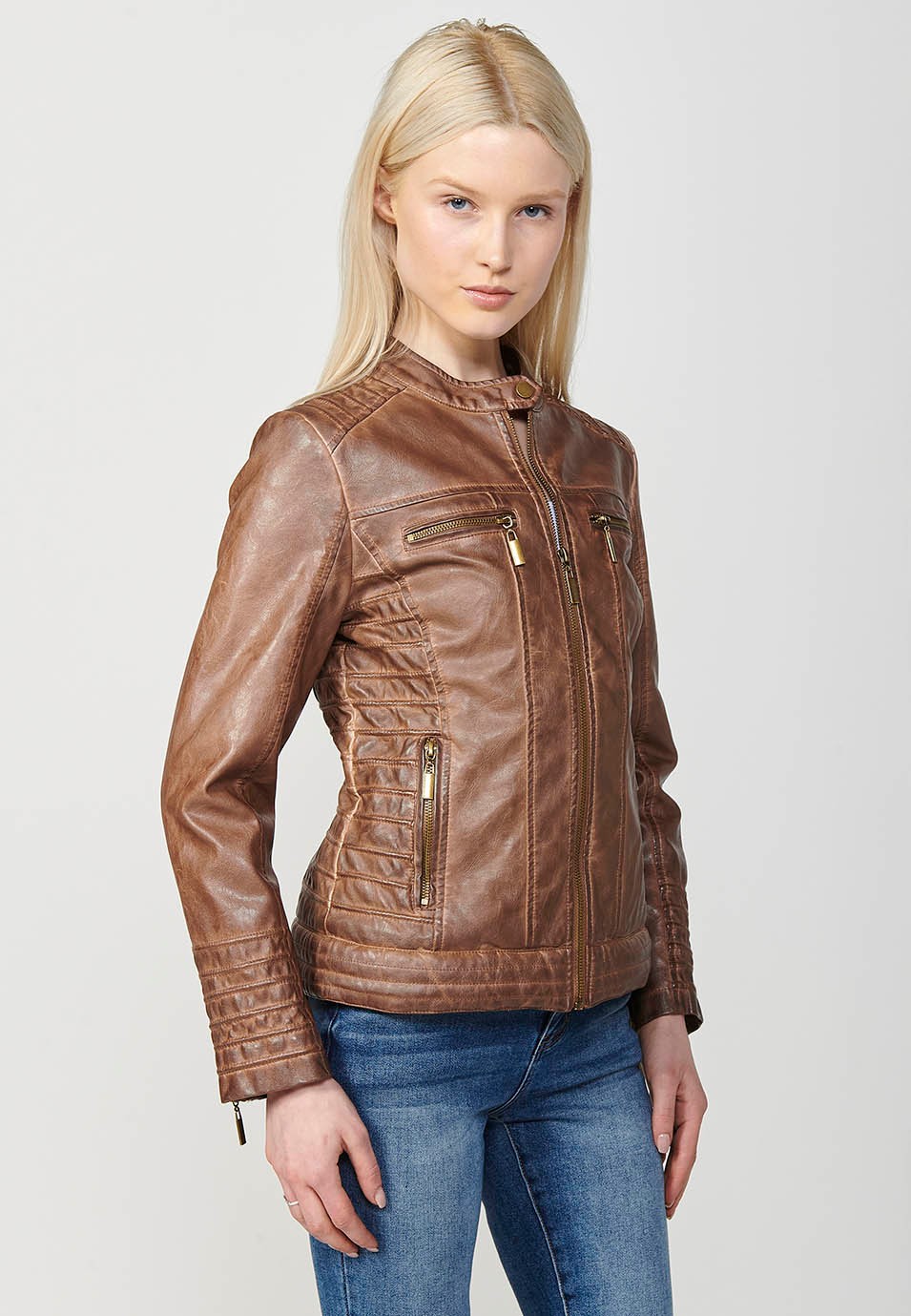 Brown Biker Jacket in Washed Faux Leather Lined with Faux Fur for Women