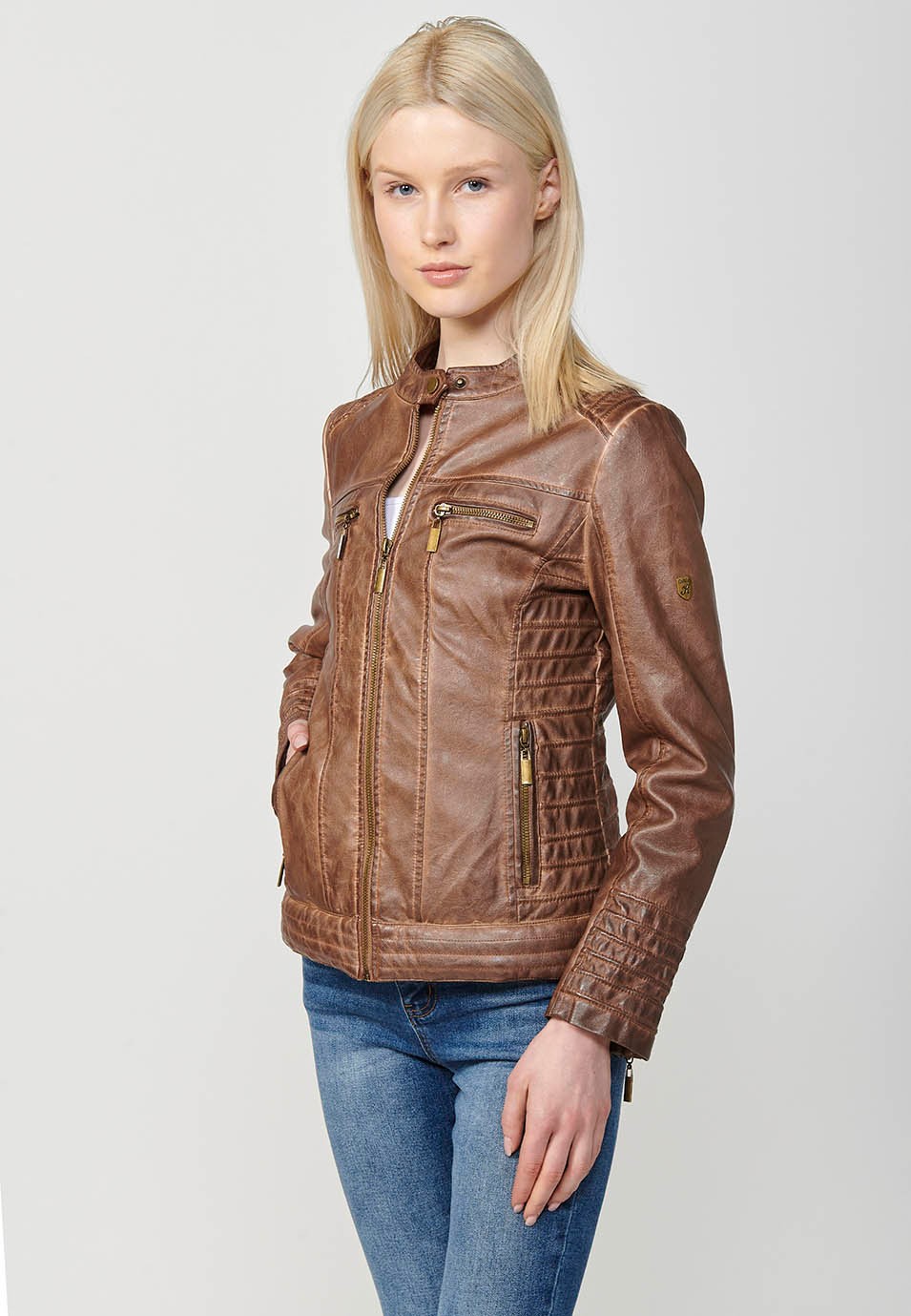 Blouson style motard marron en simili cuir effet lavé doublé de fourrure synthétique pour Femme