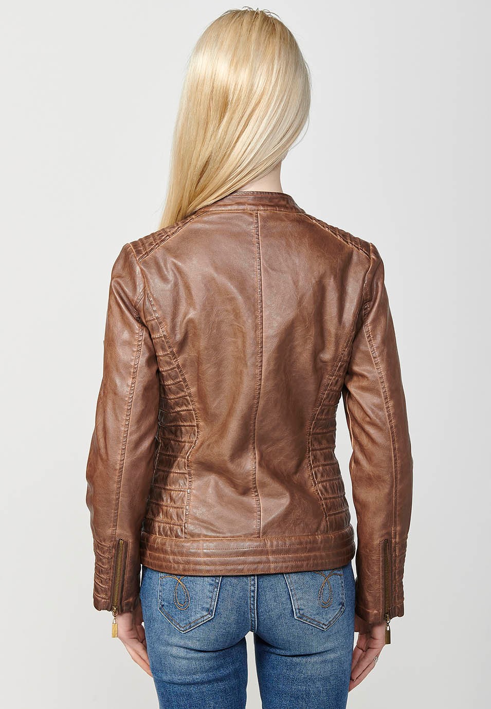 Brown Biker Jacket in Washed Faux Leather Lined with Faux Fur for Women