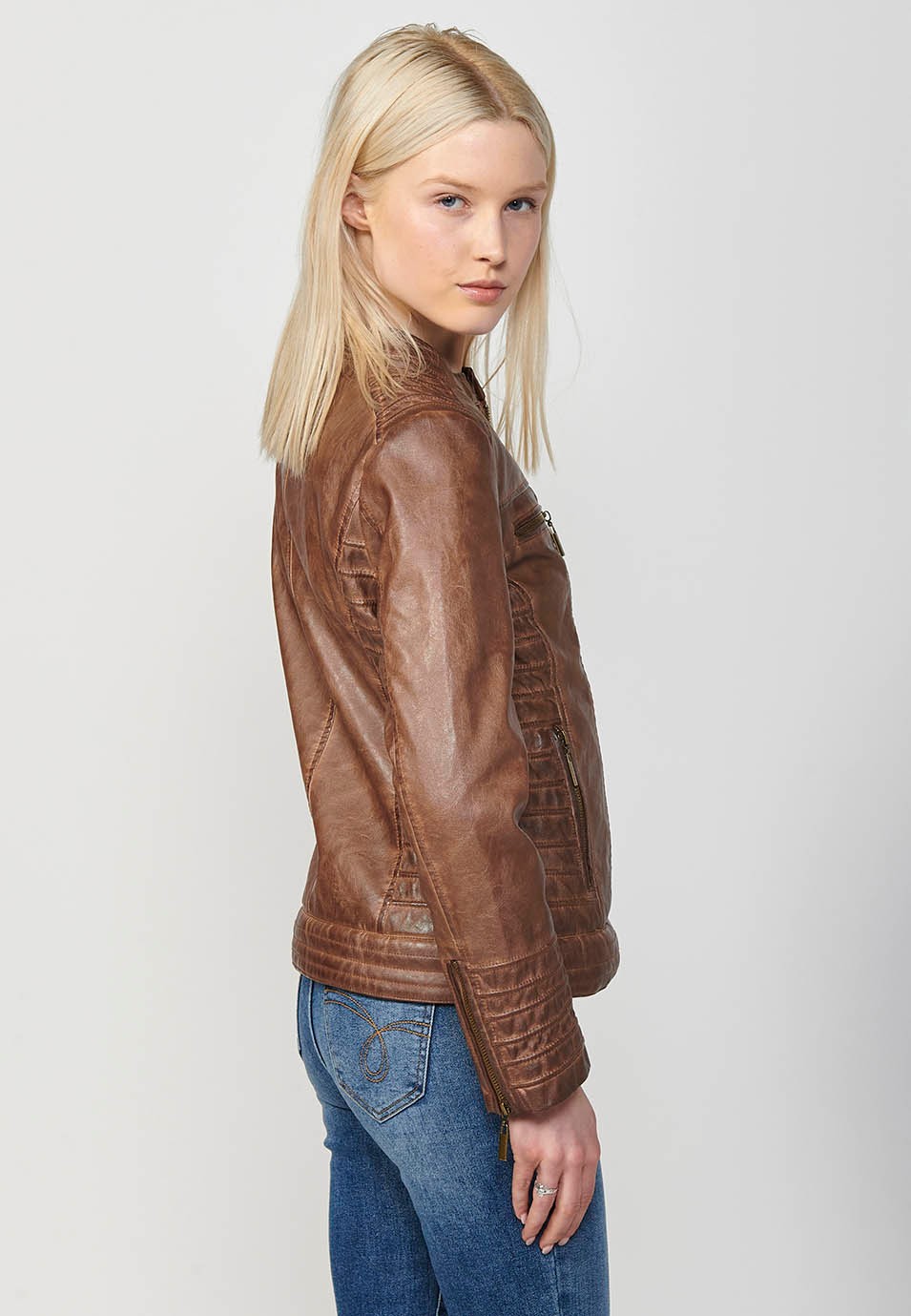 Brown Biker Jacket in Washed Faux Leather Lined with Faux Fur for Women