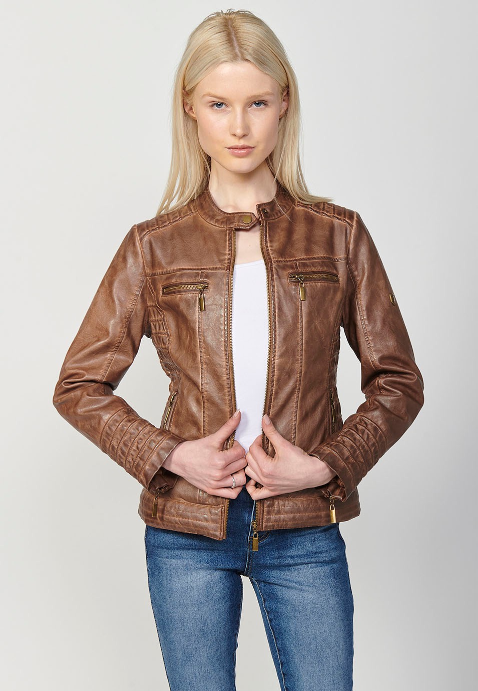 Brown Biker Jacket in Washed Faux Leather Lined with Faux Fur for Women