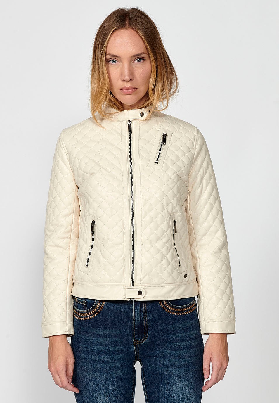 Women's Faux Leather Padded Jacket with Round Neck and Front Zip Closure in Ecru