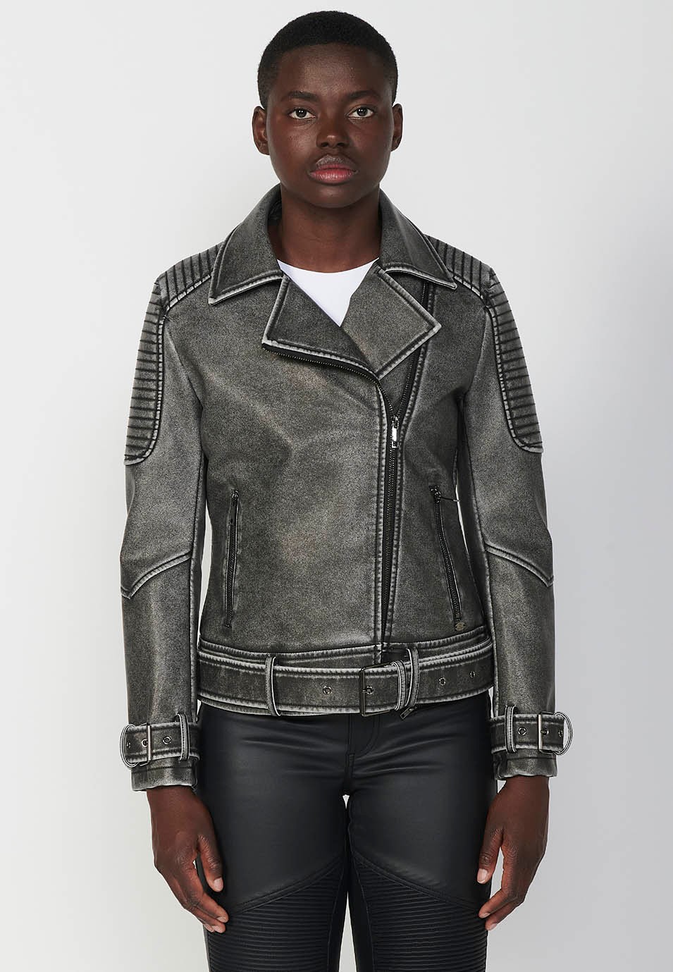 Veste grise style parfait en simili cuir lavé et usé pour Femme