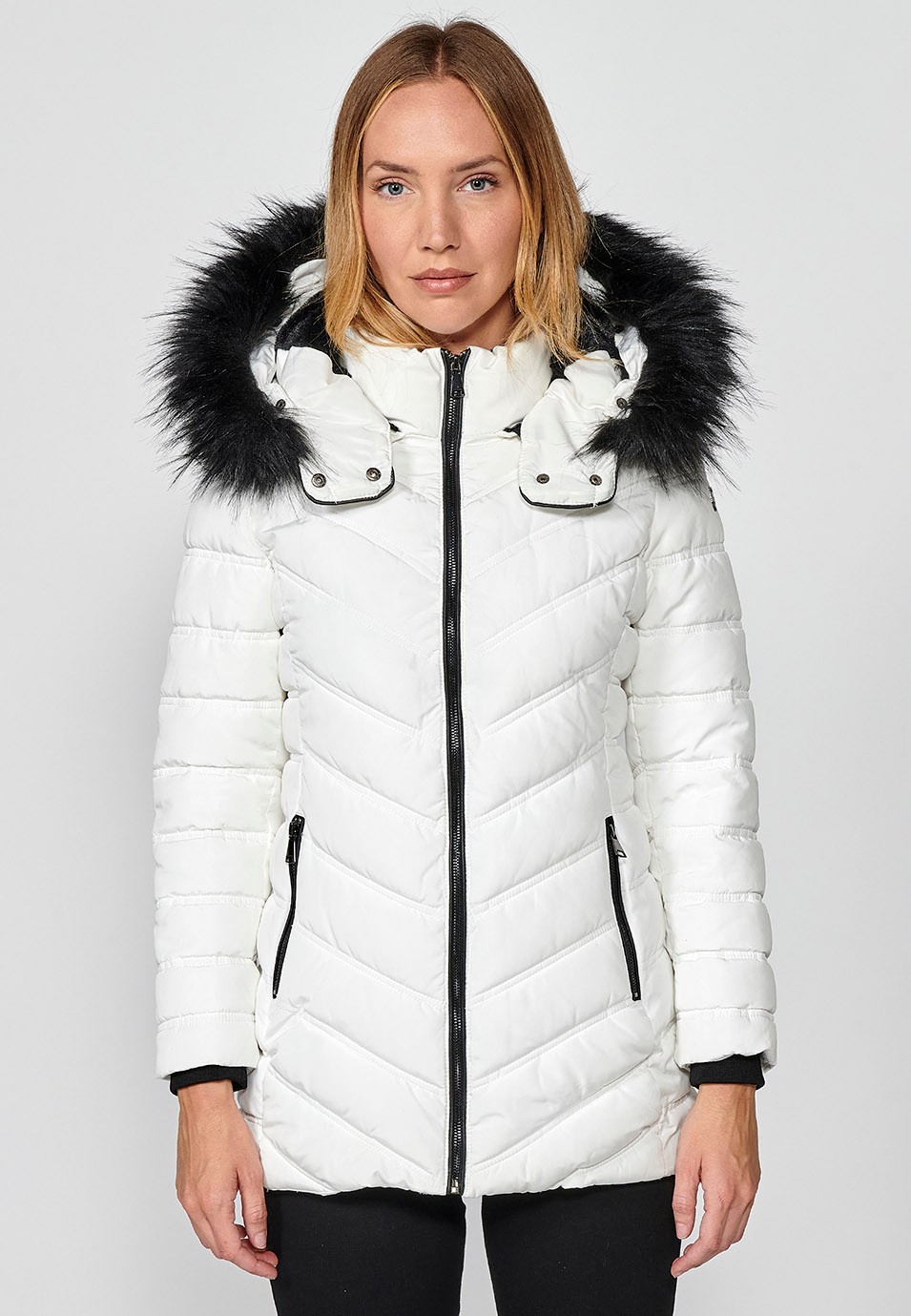 Women's Quilted Faux Fur Hooded Collar Zip Front Jacket in White