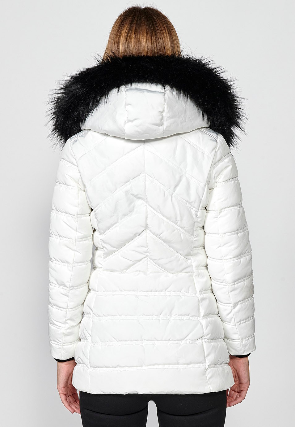 Women's Quilted Faux Fur Hooded Collar Zip Front Jacket in White