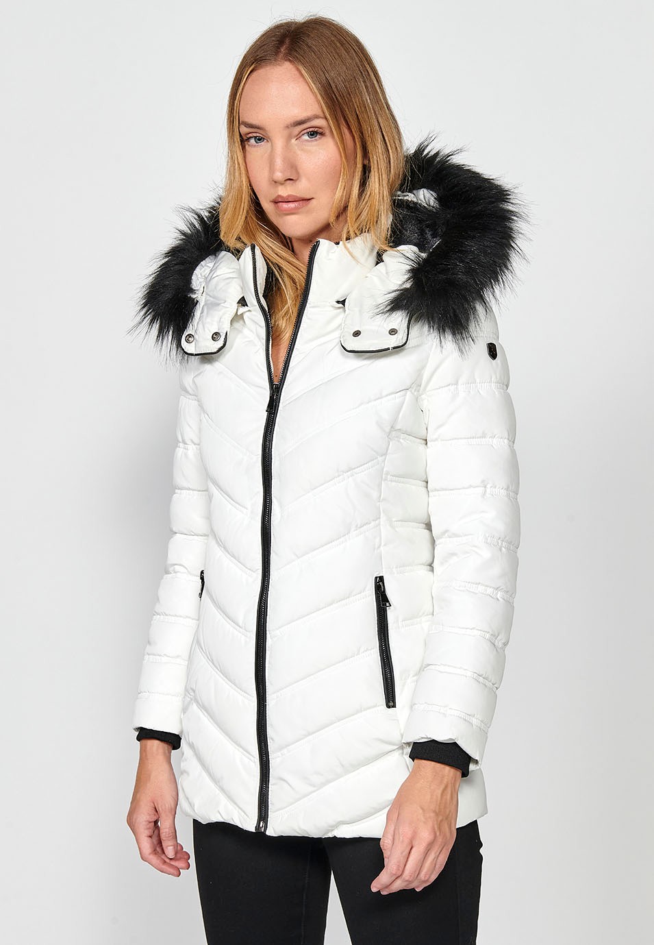 Women's Quilted Faux Fur Hooded Collar Zip Front Jacket in White