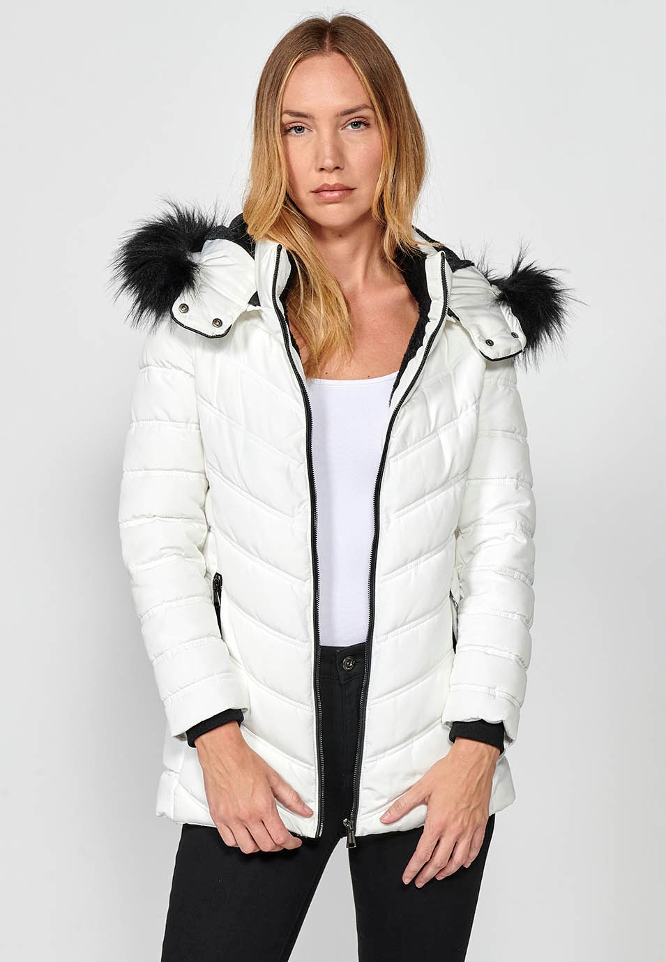 Women's Quilted Faux Fur Hooded Collar Zip Front Jacket in White