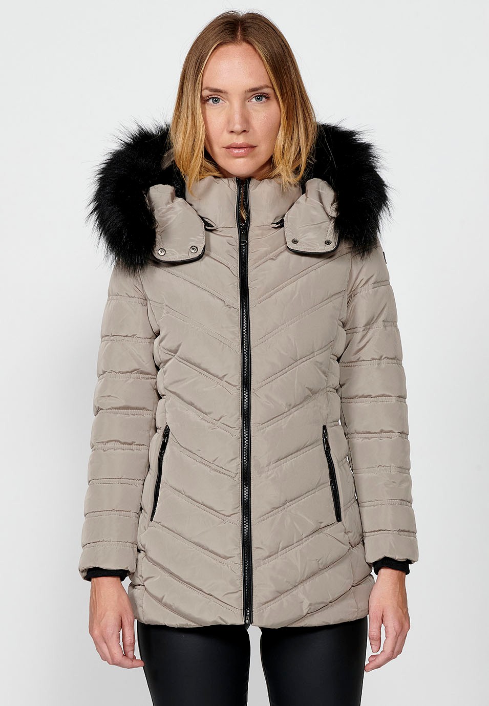 Veste matelassée à col à capuche en fausse fourrure pour femme beige avec fermeture à glissière sur le devant