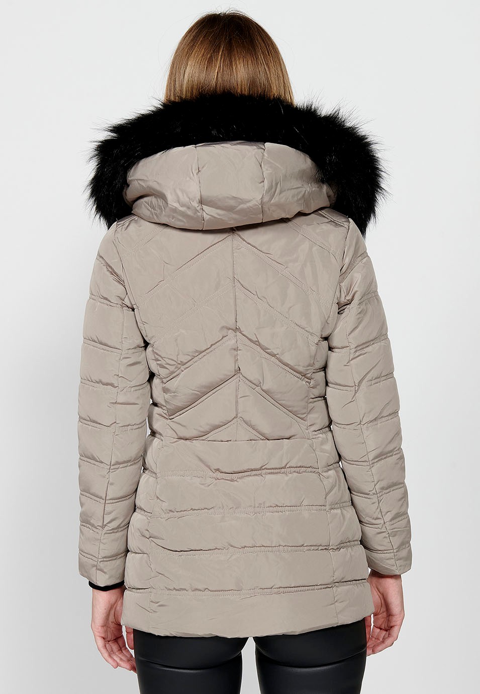 Veste matelassée à col à capuche en fausse fourrure pour femme beige avec fermeture à glissière sur le devant