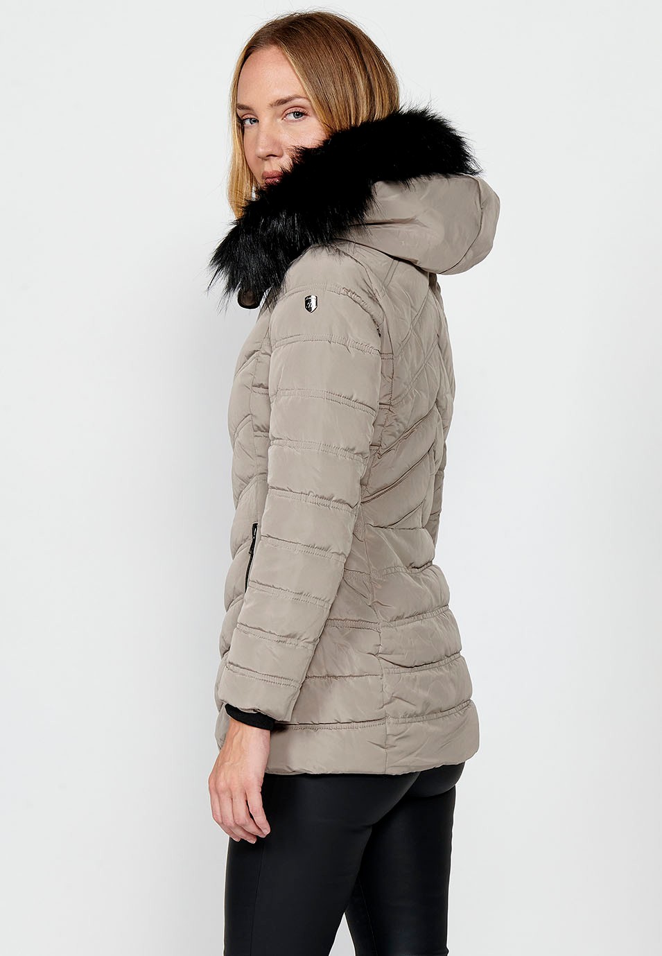 Veste matelassée à col à capuche en fausse fourrure pour femme beige avec fermeture à glissière sur le devant