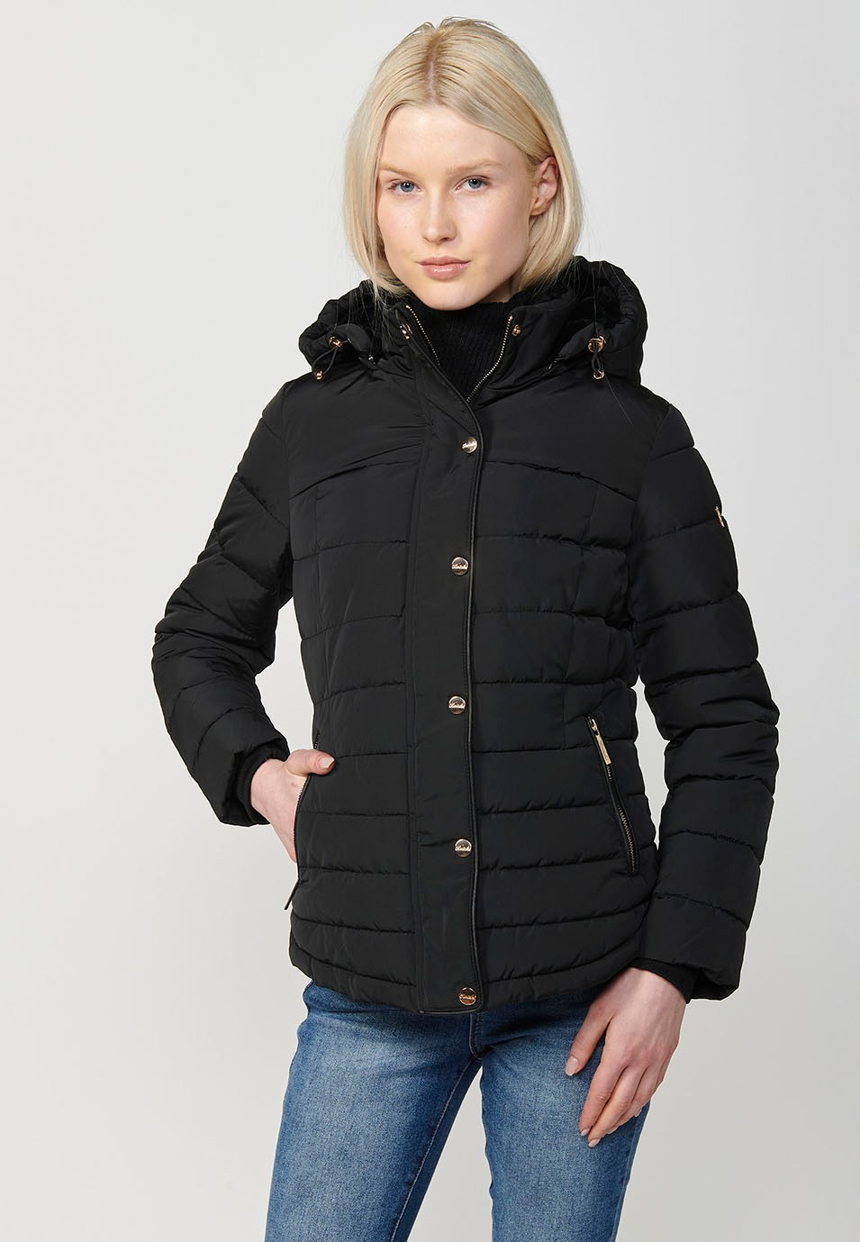 Women's Quilted Hooded Collar Jacket with Front Zip Closure in Black