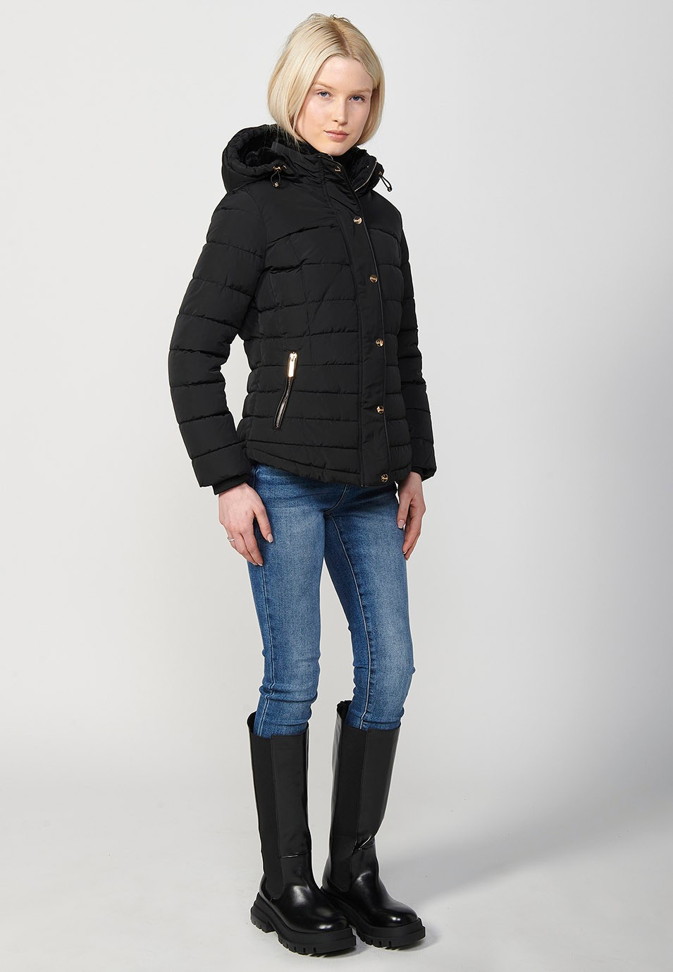 Women's Quilted Hooded Collar Jacket with Front Zip Closure in Black 4