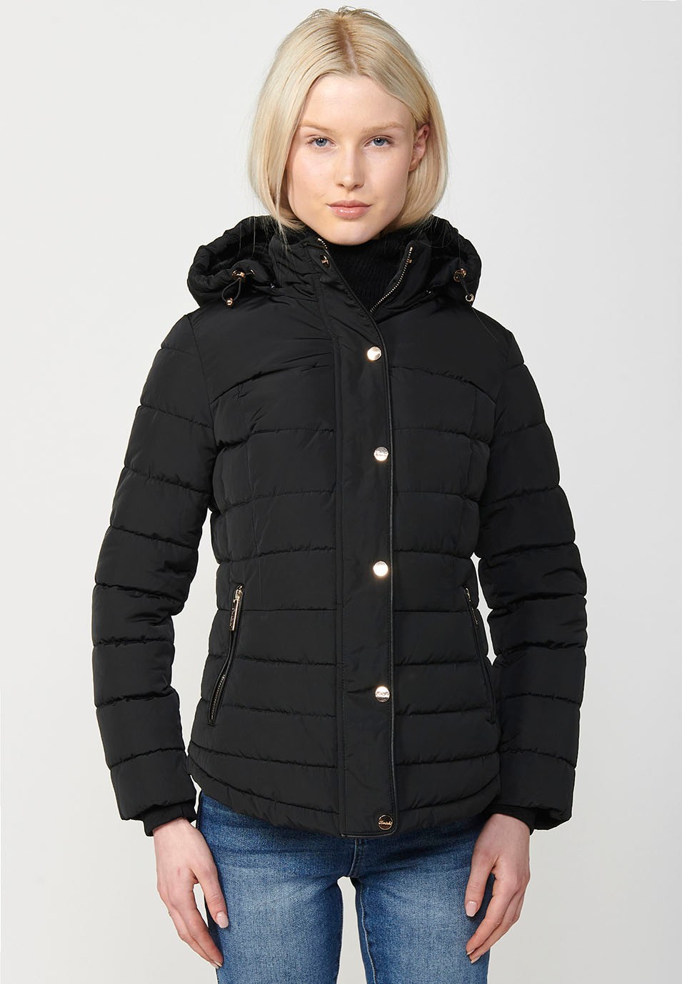 Women's Quilted Hooded Collar Jacket with Front Zip Closure in Black 1